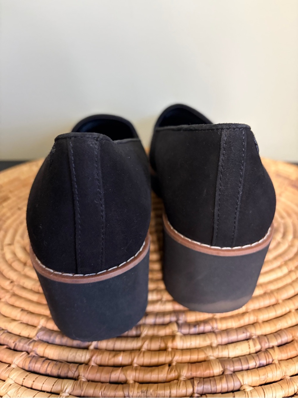 Vionic Black Suede Wedge Loafers with Tan Accent - Picture 3 of 7